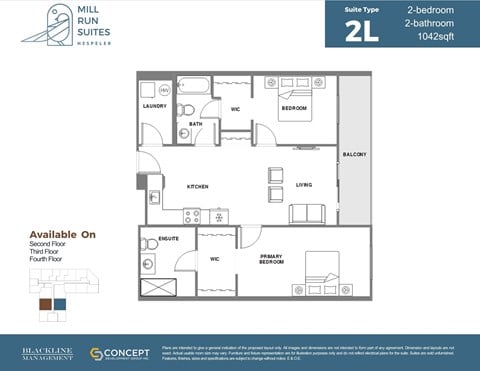 Floor plan for 2 beds, 2 baths, 1042 sqft